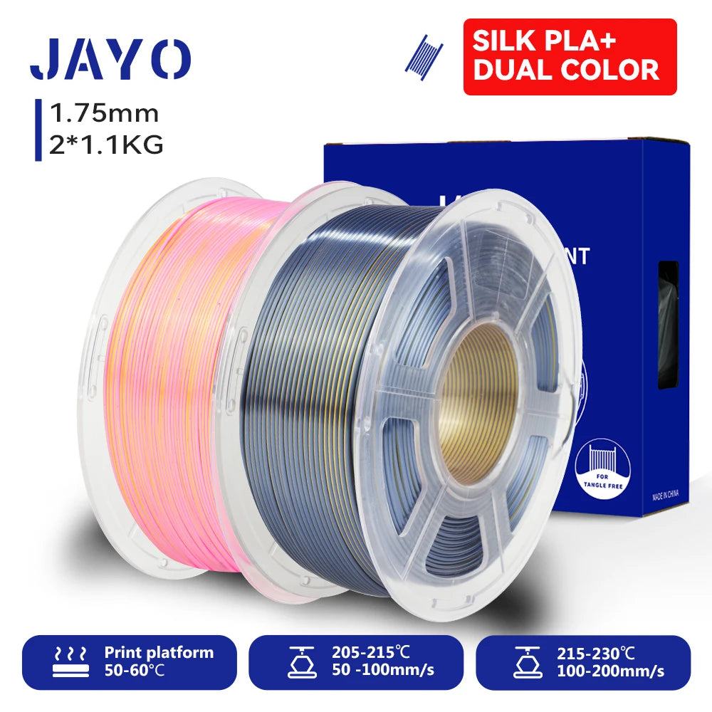 JAYO 3D SILK PLA+ Printer Filament 1.75mm+/-0.02mm  2Rolls SILK 3D Printer Filament Neatly Wound & No bubbles PLA for 3D Printer