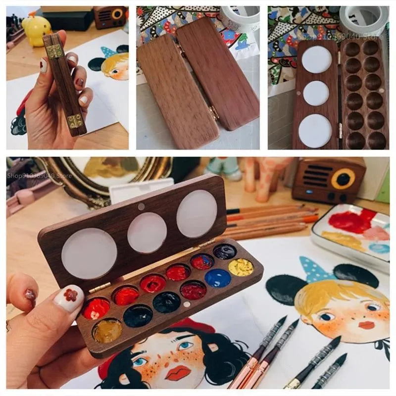 Handmade Portable Wooden Watercolor Paint Palette Magnetic Suction Box