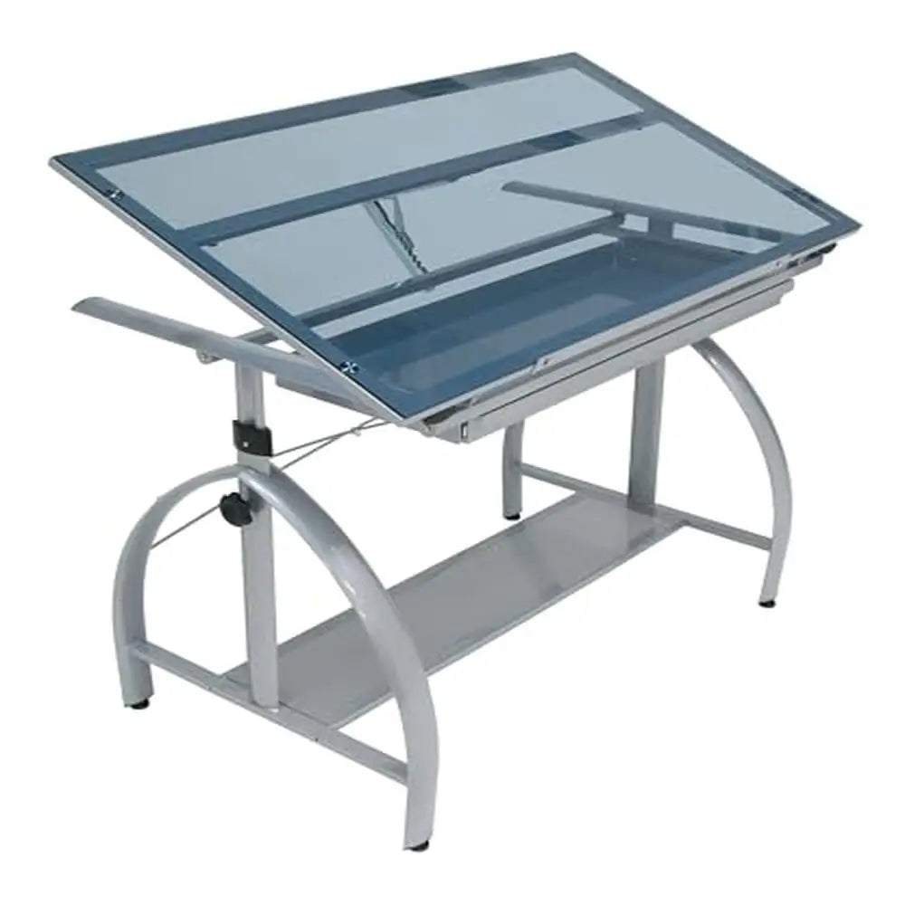 Adjustable Drafting Desk with Tempered Glass Top Storage Drawer Silver/Blue 42"W x 24"D