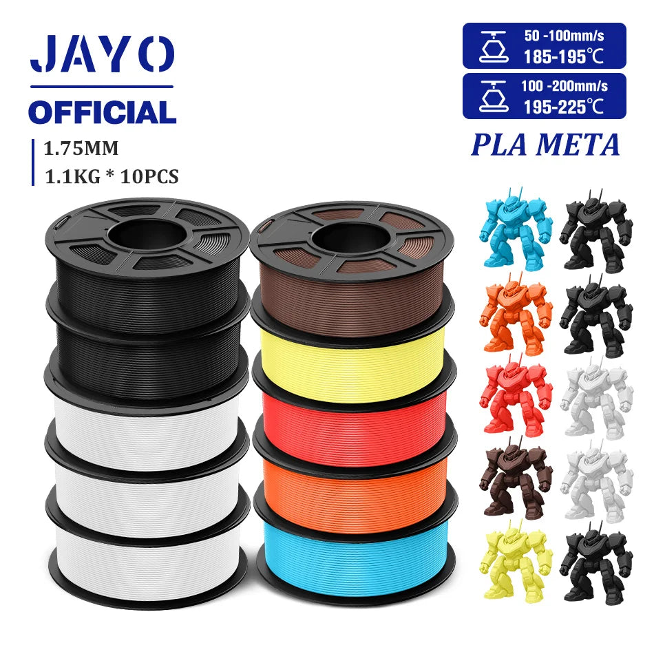 JAYO PLA Meta 3D Printer Filament 1.75mm High Flow PLA 3D Filament 1.1KG*10Rolls Neatly Wound 3D Printing Filament Fit Most FDM