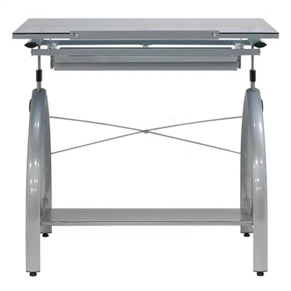 Adjustable Drafting Desk with Tempered Glass Top Storage Drawer Silver/Blue 42"W x 24"D