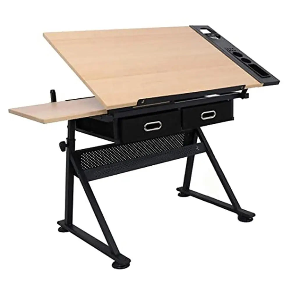 Adjustable Drafting Table Wooden Drawing Desk with Drawers and Storage Shelf Art Station Artists Office School Tilted Tabletop