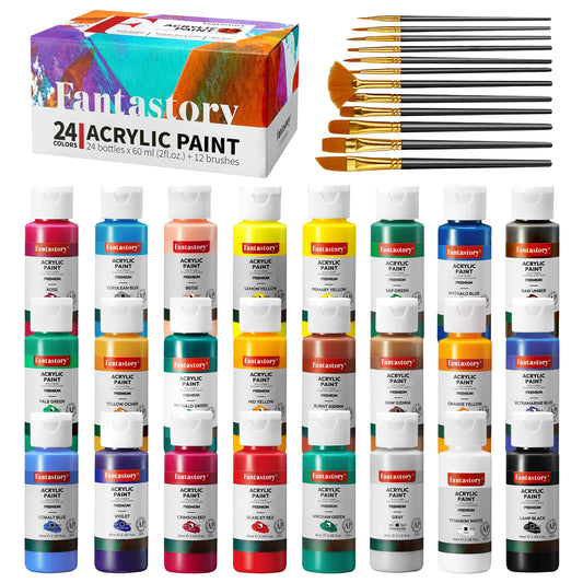 Fantastory Acrylic Paint Set, 24 Balanced Series Acrylic Paints (2 oz) with 12 Brushes, Professional Craft Paint Set, Canvas