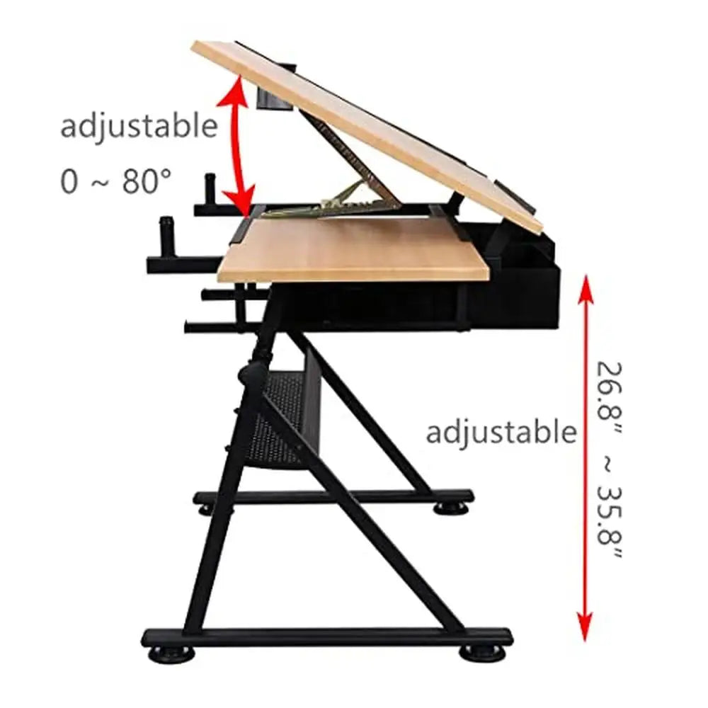 Adjustable Drafting Table Wooden Drawing Desk with Drawers and Storage Shelf Art Station Artists Office School Tilted Tabletop