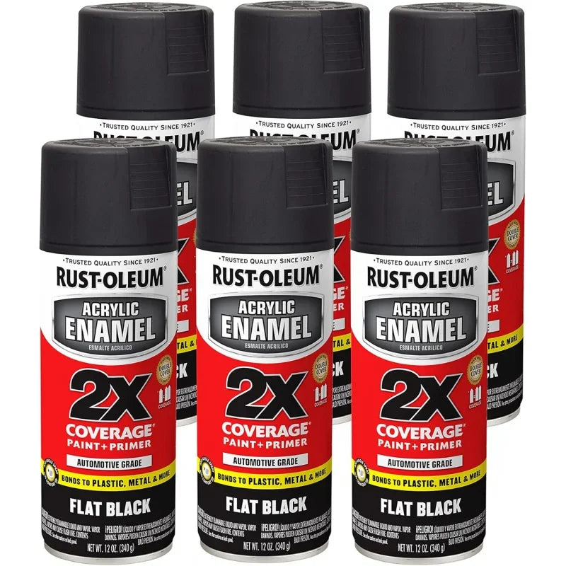 271918-6pk acrylic enamel 2x spray paint, 12 oz, flat black, 6