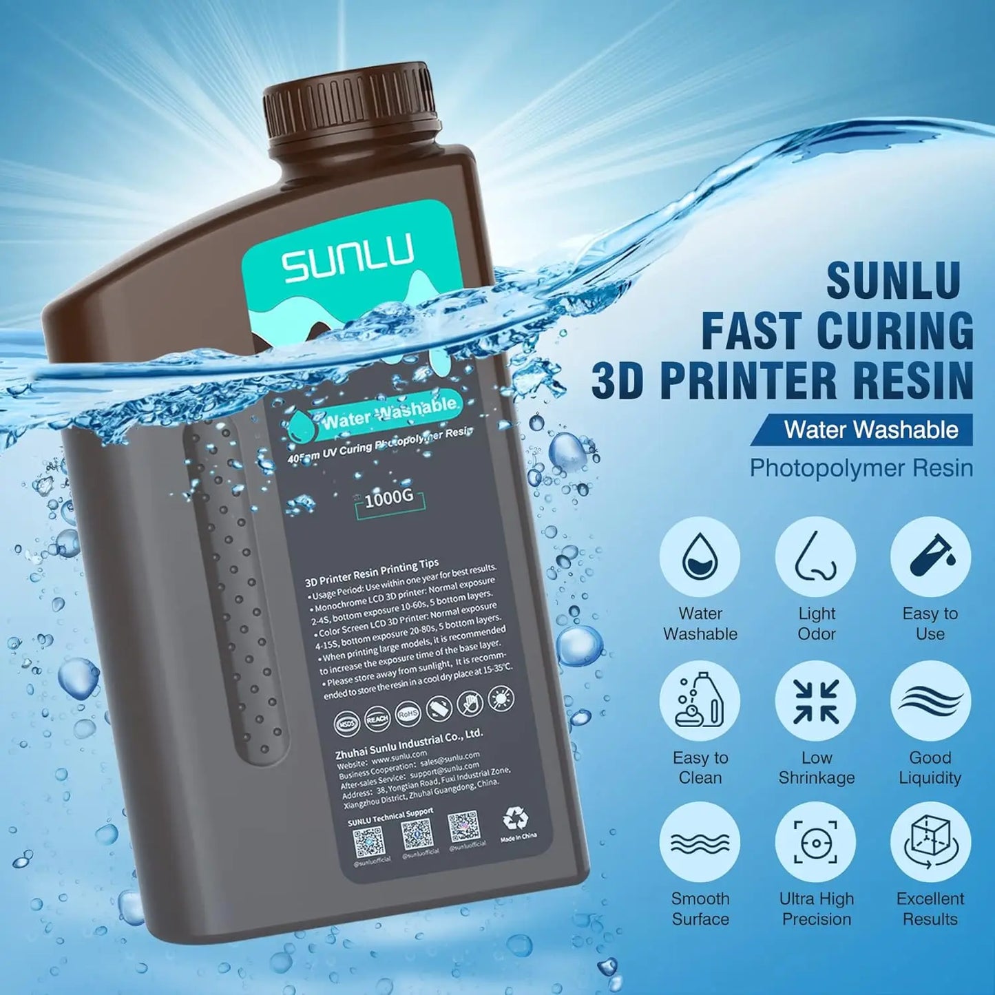 SUNLU 10KG Water Washable / Water Washable ABS Resin 1000G/Bottle 405nm Rapid UV-Curing Photopolymer Resin For LCD 3D Print