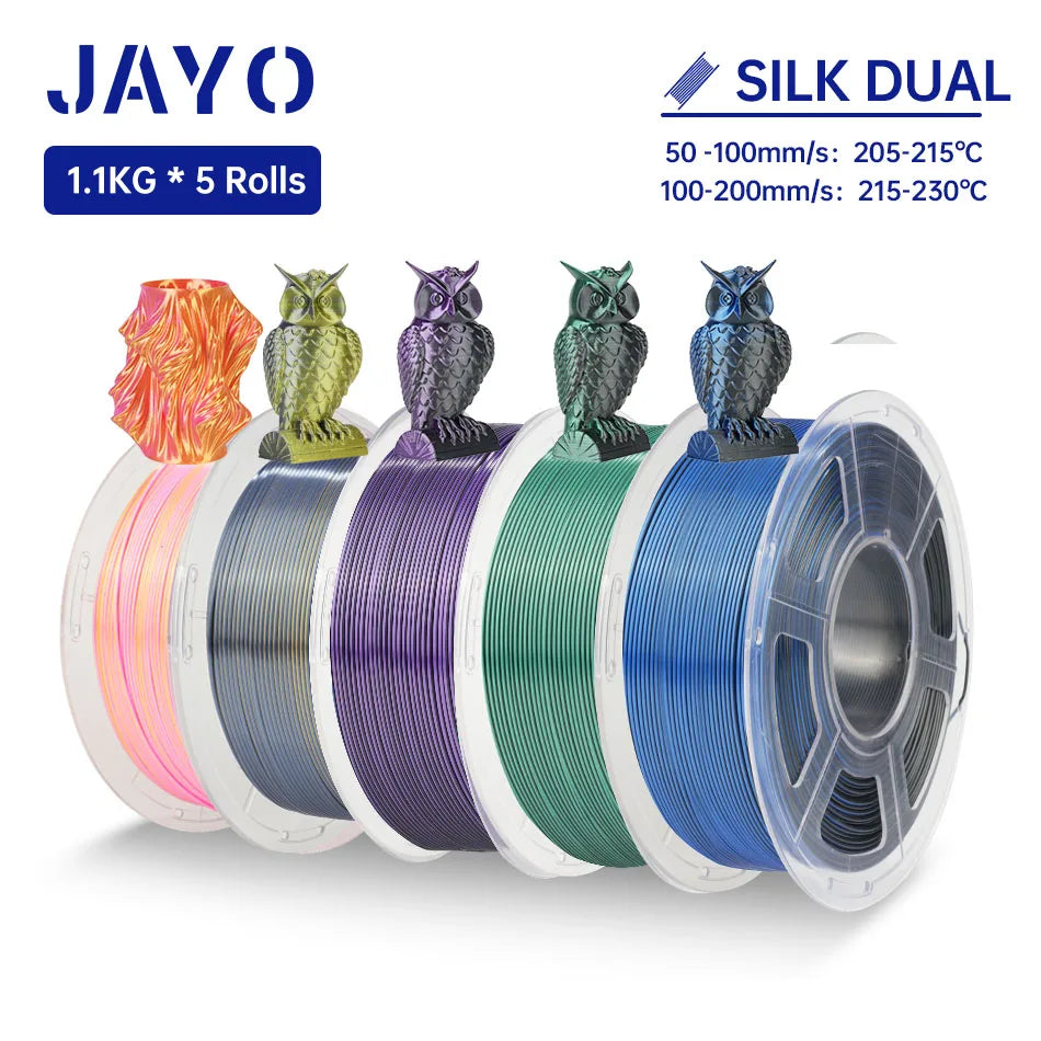 JAYO SILK PLA + Filament 1.75MM PLA 3D Filament 1.1KG for FDM 3D Printer  Neatly Wound Shiny 3D Printing Material 5Rolls