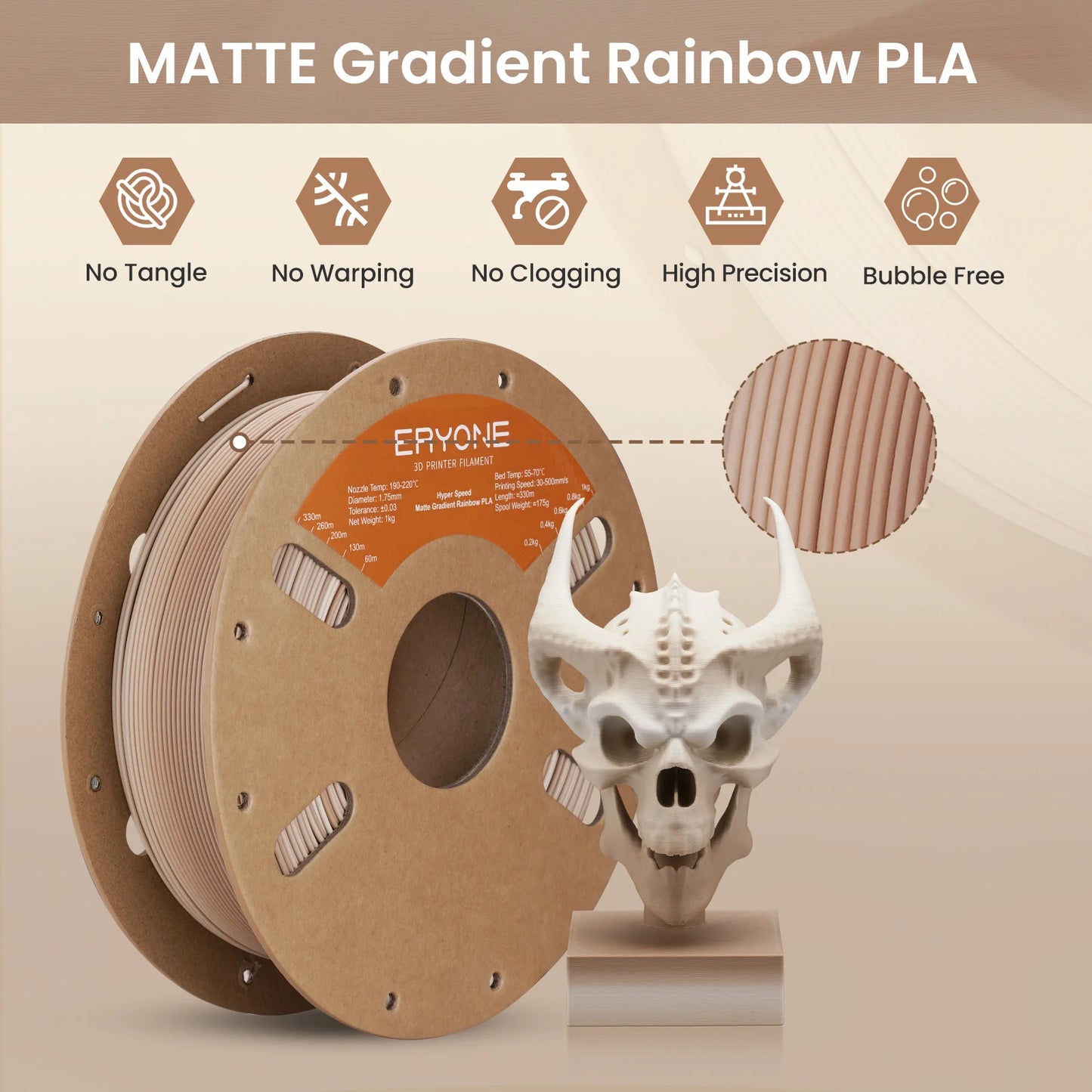 ERYONE High Speed Matte Gradient Rainbow 3D Printer PLA Filament 1.75 +/- 0.03mm, Matte Multicolor Filament PLA 1KG 2.2LBS Spool