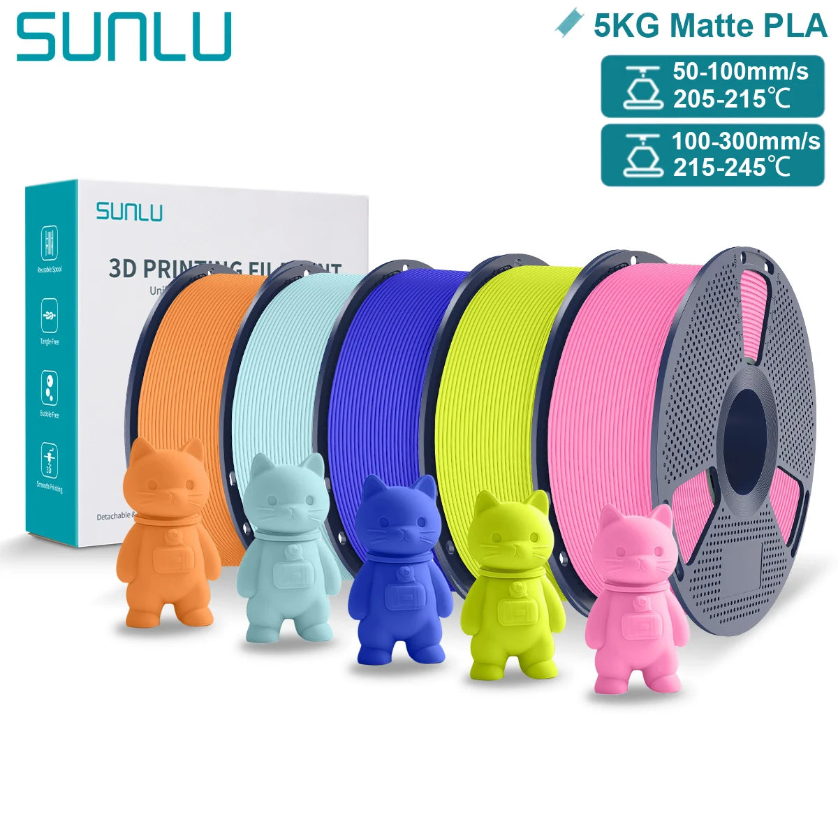 SUNLU Matte PLA 3D Filament 1.75mm Neatly Wound Easy to Use Colorful PLA Matte Surface for Most FDM Printer 3D Printing Material