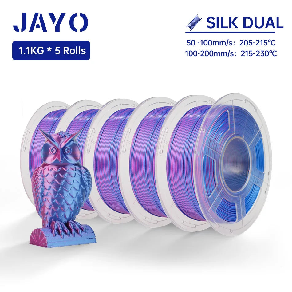 JAYO SILK PLA + Filament 1.75MM PLA 3D Filament 1.1KG for FDM 3D Printer  Neatly Wound Shiny 3D Printing Material 5Rolls