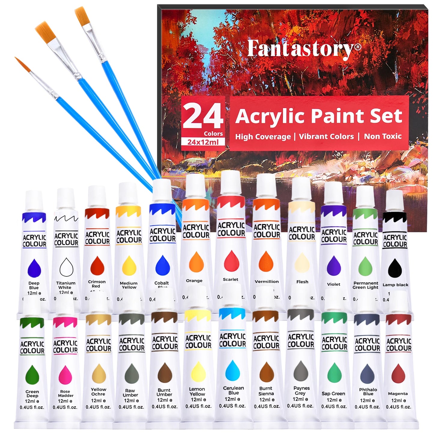 Fanta story 24 Colors Acrylic Paint Set with 3 Paint Brushes for Crafts and Painters Painting Supplies