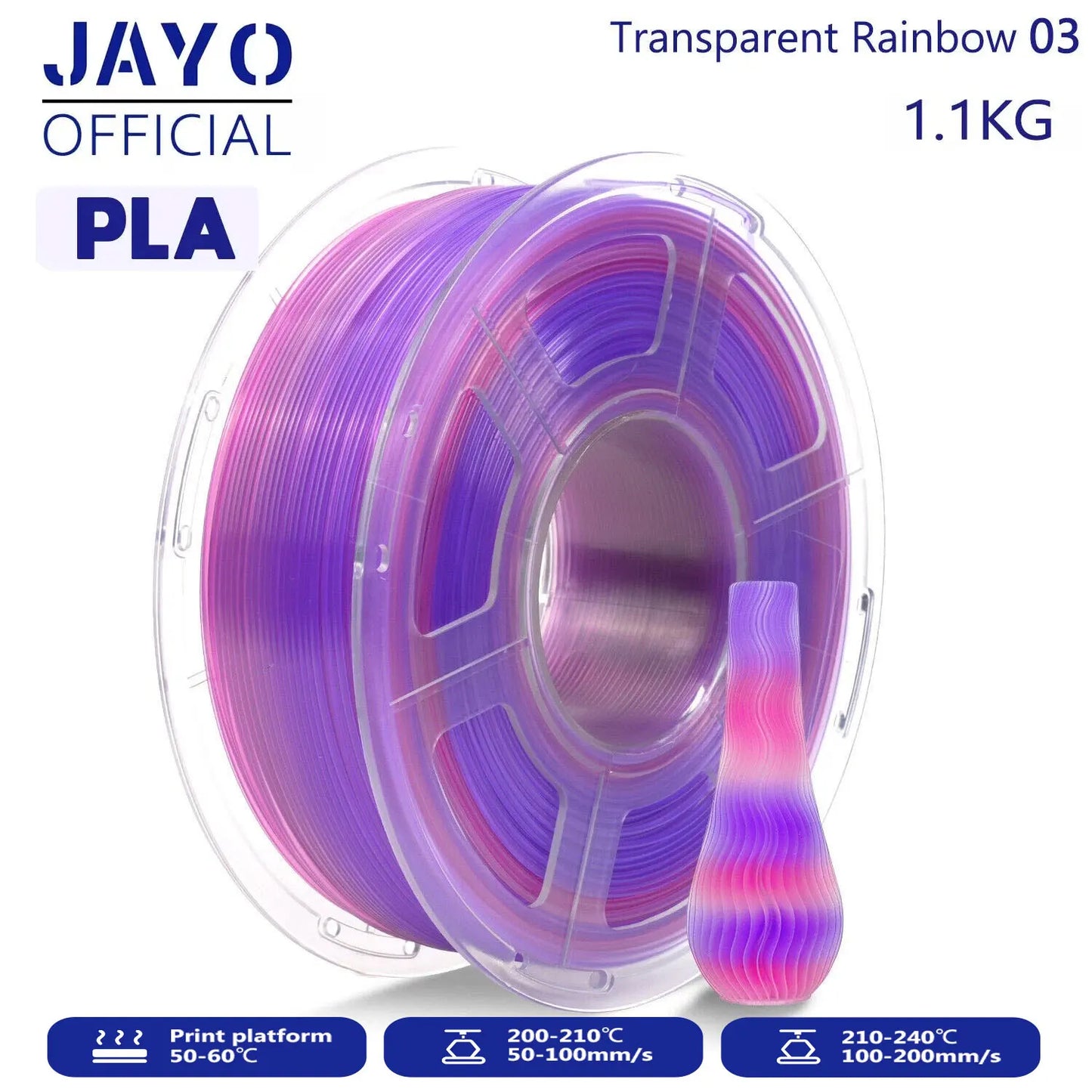 JAYO 3D PLA / Silk PLA Rainbow Printer Filament 1.75mm Transparent Rainbow 3D Filament As Neatly Wound 3D Printing Material
