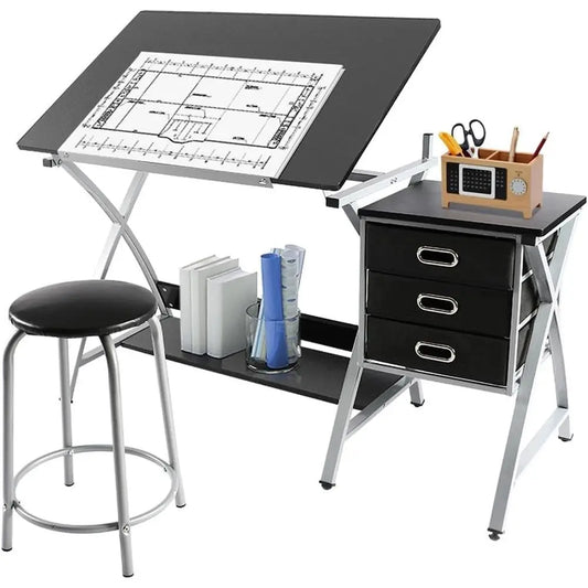 Artist's Adjustable Work Desk with Stool and Slide Drawers, 50.5x24x45