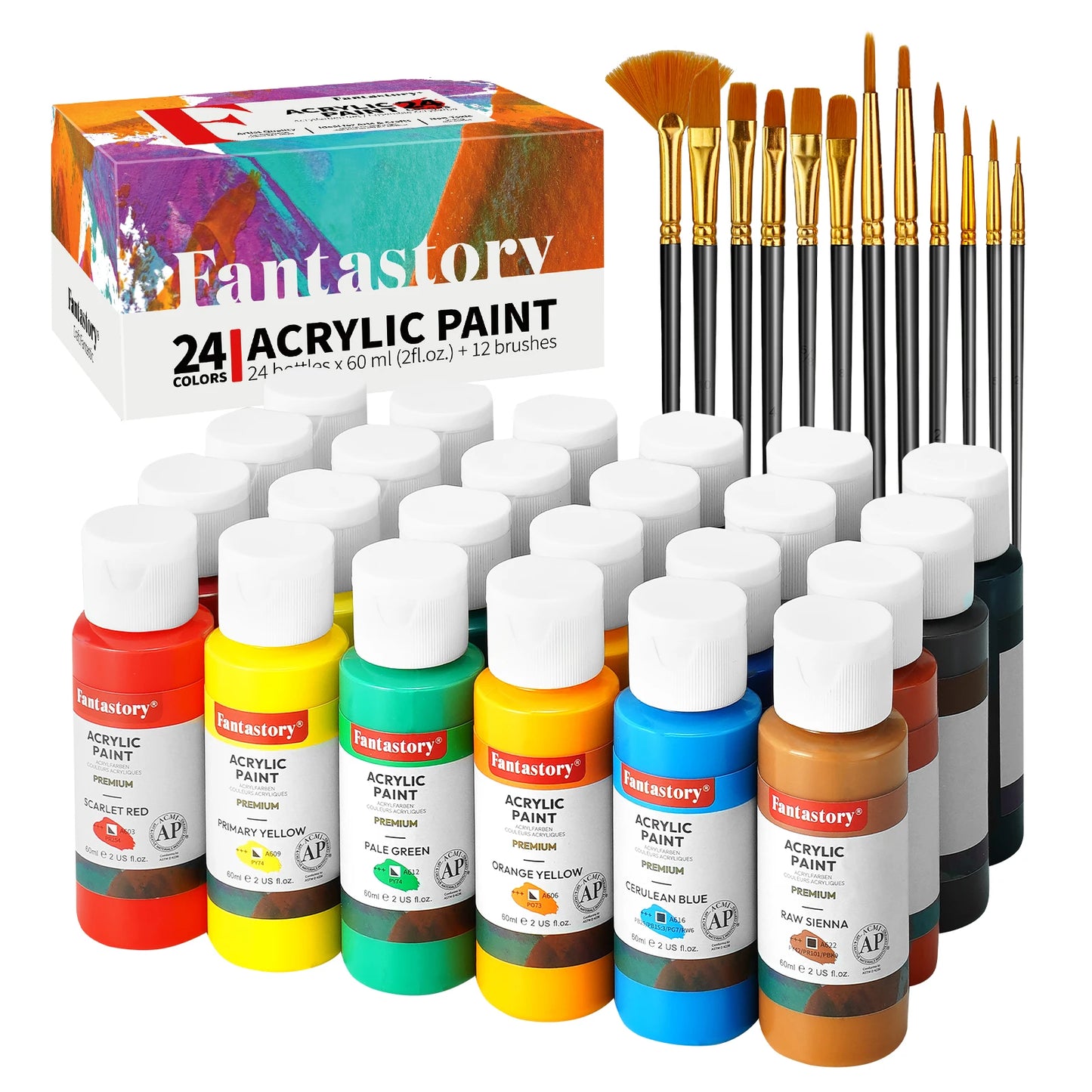 Fantastory Acrylic Paint Set, 24 Balanced Series Acrylic Paints (2 oz) with 12 Brushes, Professional Craft Paint Set, Canvas