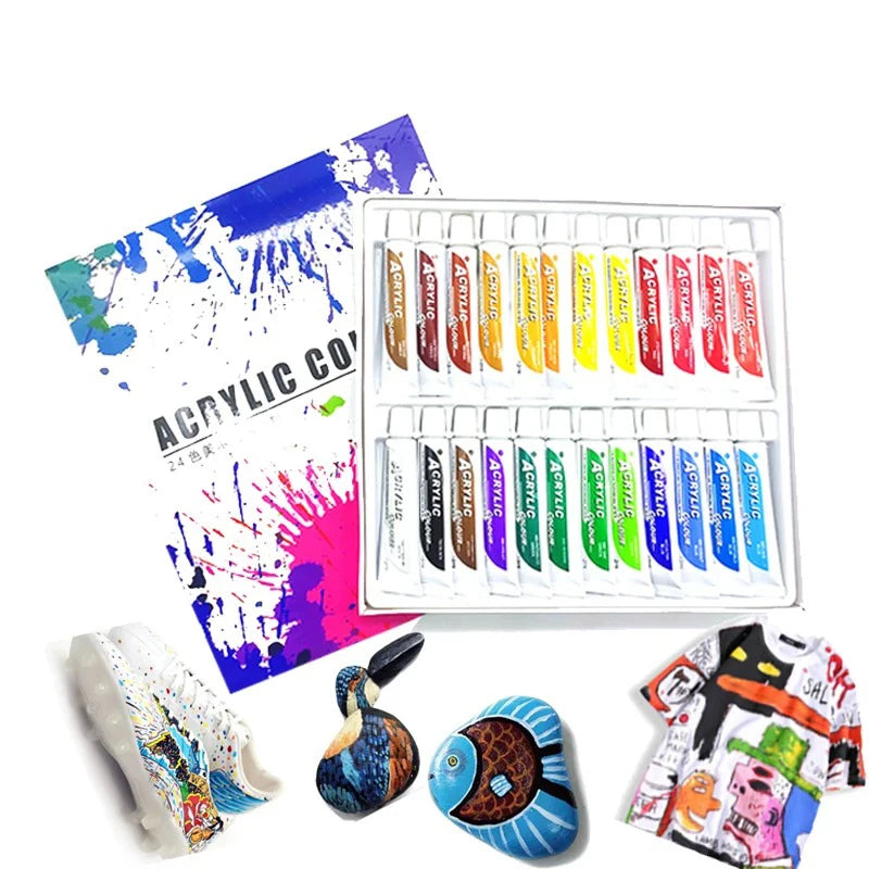 Ginflash 24Colors 12ML /Tube Acrylic Paints Set Wall DIY Art Painting Fabric Drawing Set Waterproof Paint Brush Palette