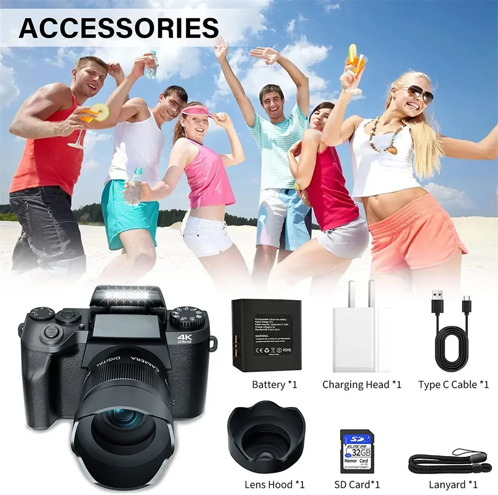 Auto Focus 64MP Digital Camera SLR DSLR For Photography 4K 60FPS Vlog Camcorder 4 Inch 16X Zoom Touch Youtube, Livestream, Webcam