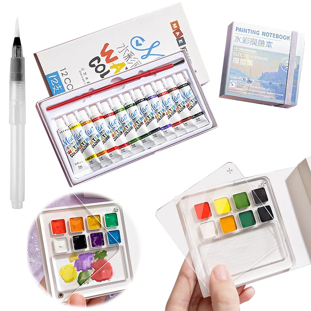 Mini Portable Watercolor Palette Set for Painters Artists Students Acrylic Grid Paint Box Portable Sketchbook Palette Set