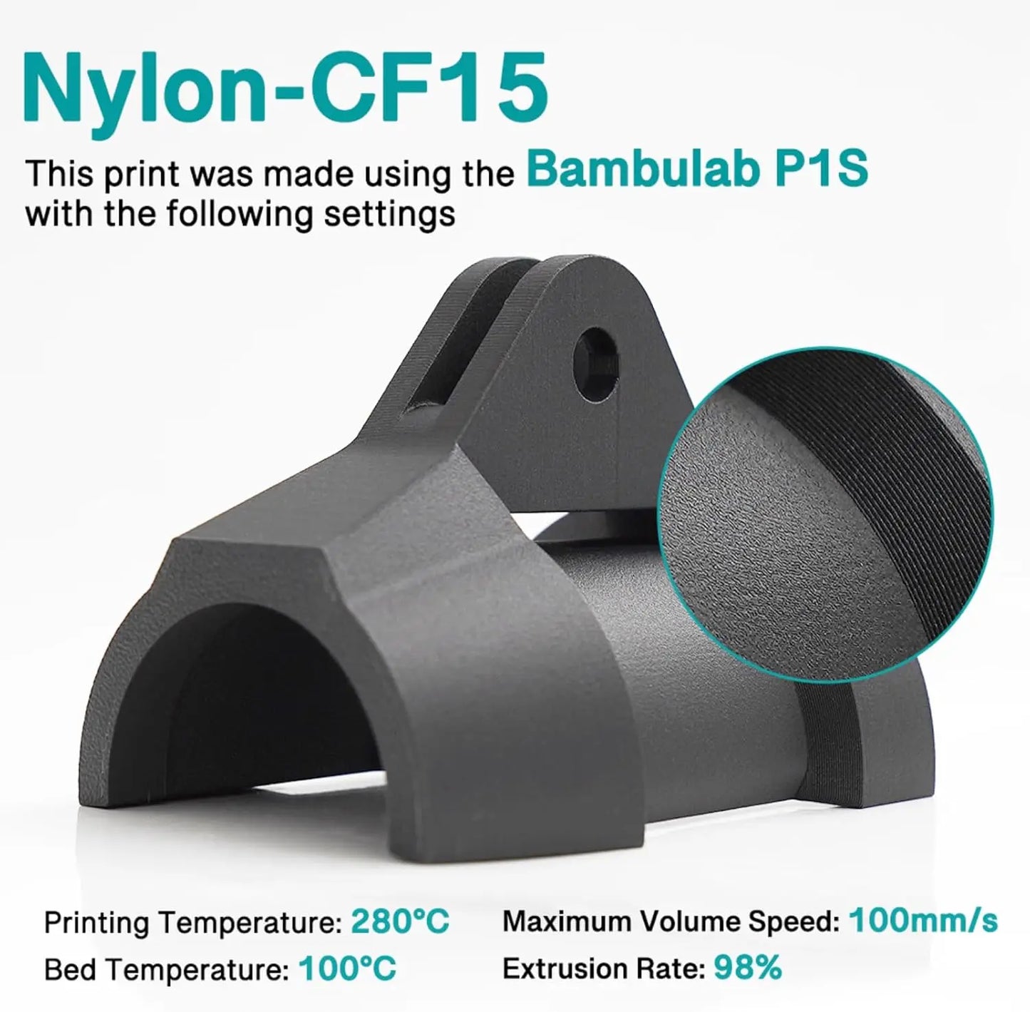 Carbon Fiber Nylon 3D Printer Filament PA6-CF, 1.75mm 1kg with PC Spool for High Strength and Heat Resistance