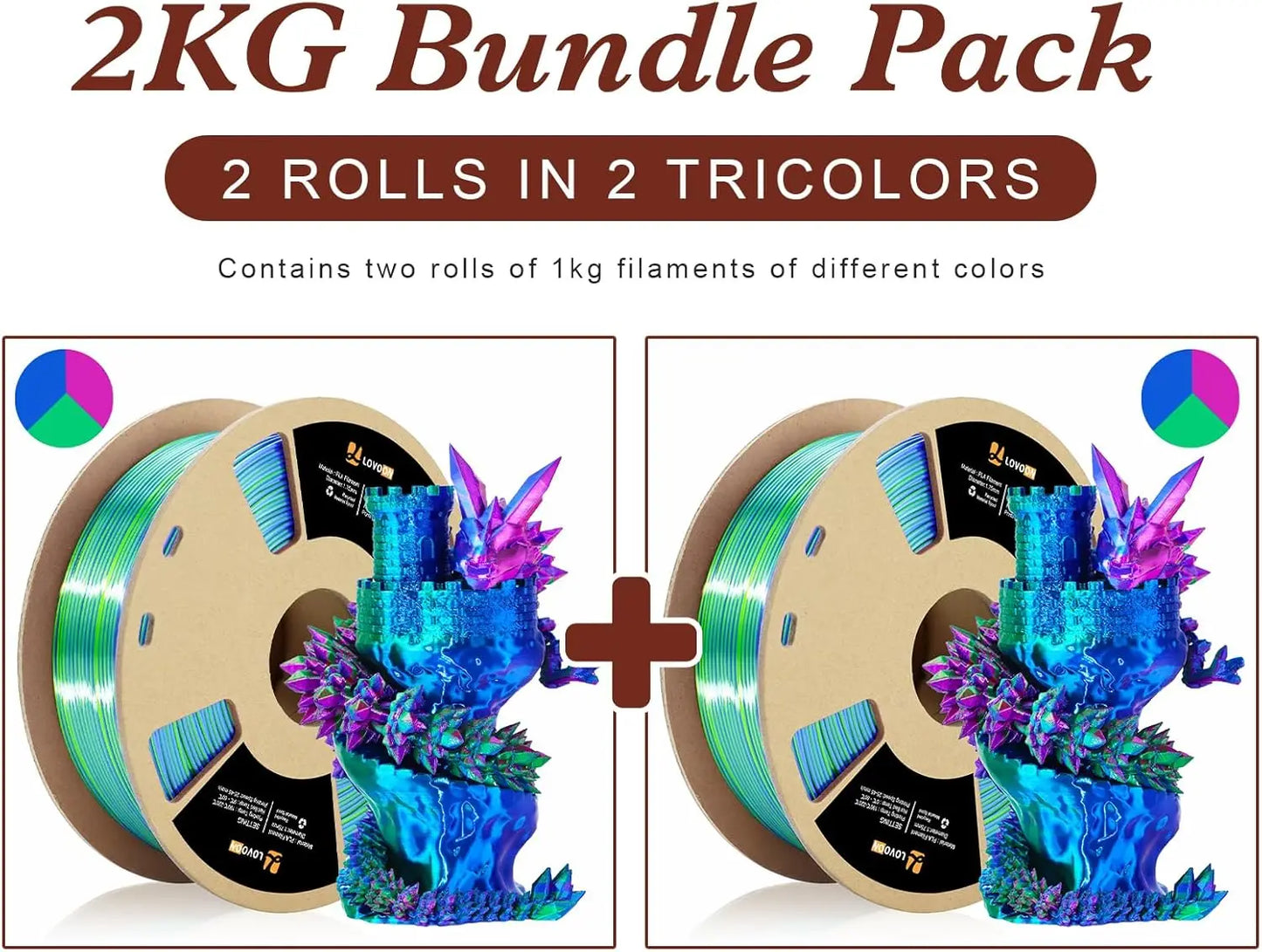 Silk PLA 3D Printing Filament Bundle 2KG, PLA Filament 1.75mm Shiny Tricolor Pack Fast Color Change 3D Printer Filament