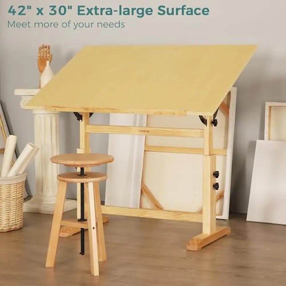 Large Adjustable Drafting Table Solid Pine Wood Drawing Desk Art  Professionals Multifunctional Craft  Stable & Sturdy