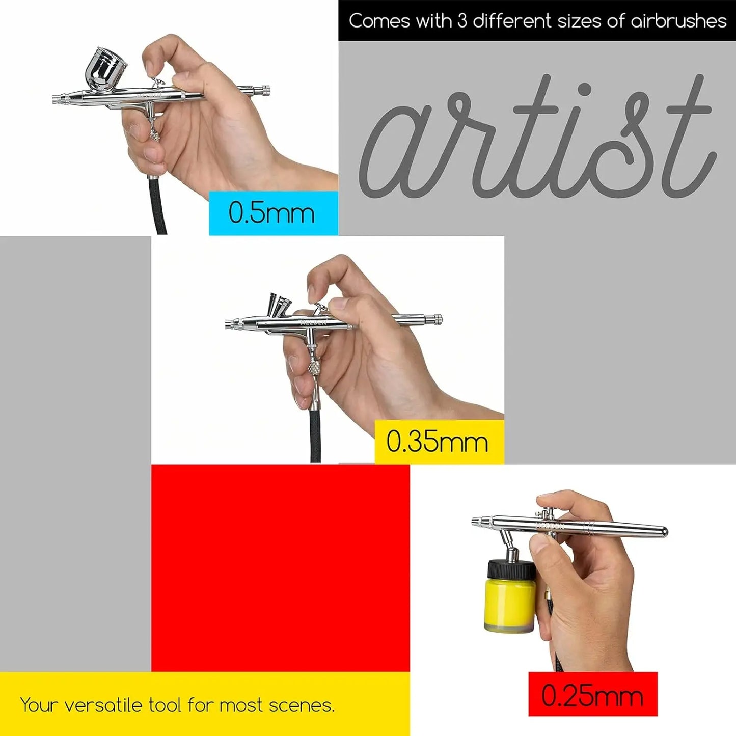 MEEDEN Airbrush Kit with Compressor and Paint - 1/6 HP Quite Air Compressor for Model Painting with 3 Dual-Action Airbrush Guns