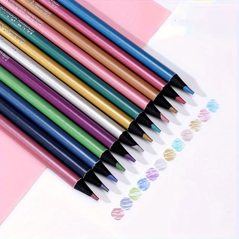 12 Colors Professional Metallic Colored Pencils Drawing Sketching Set Coloring Color Pencils Art Supplies for Artist