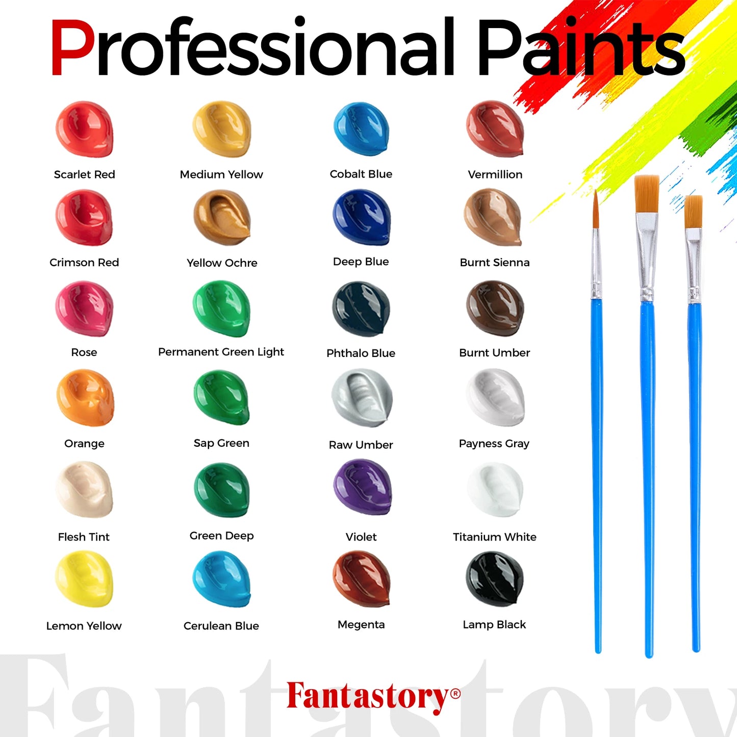 Fanta story 24 Colors Acrylic Paint Set with 3 Paint Brushes for Crafts and Painters Painting Supplies