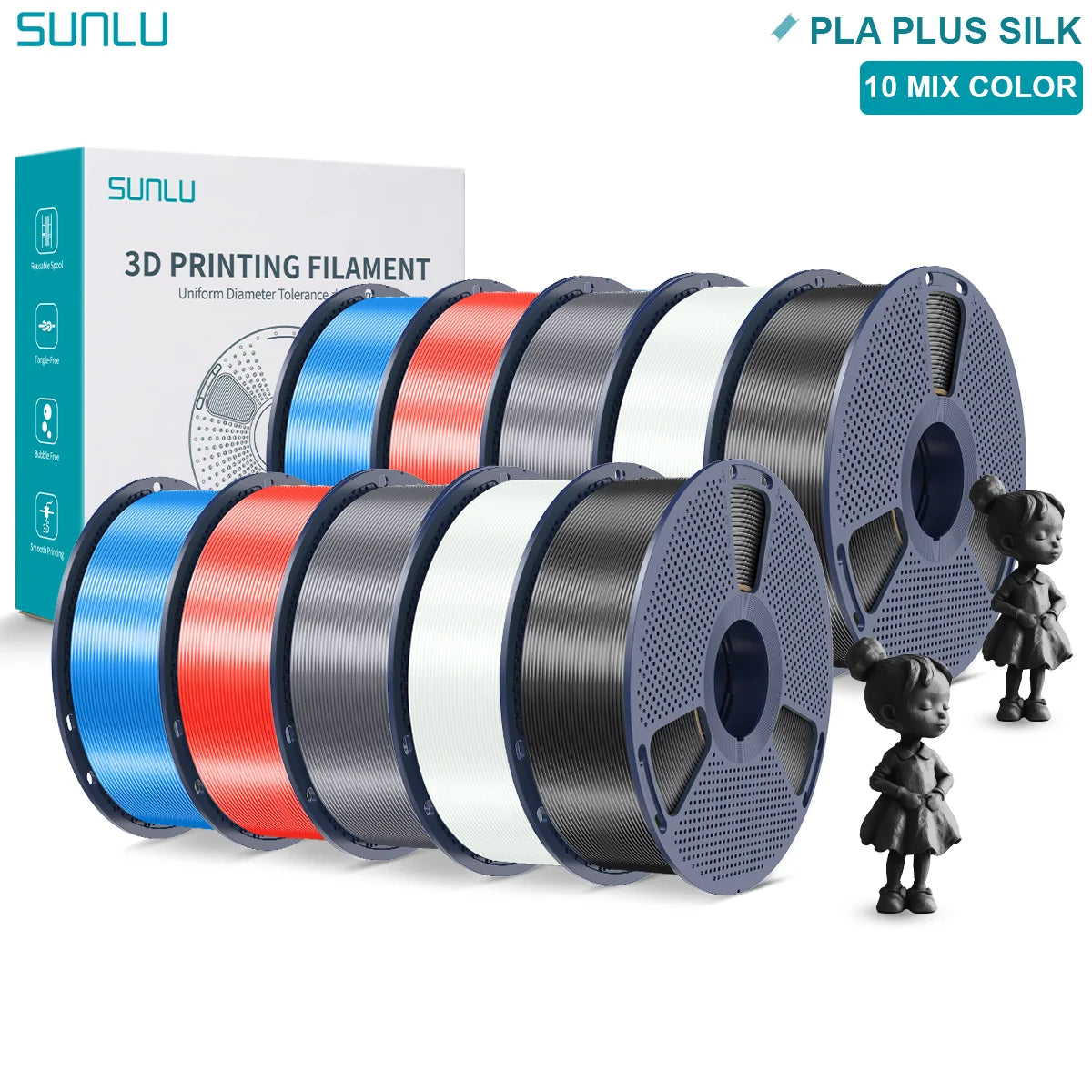 SUNLU Pla Plus Silk 3D Filament 1.75mm Smooth Surface Multicolor PLA+ Shiny Silk Filament for Most FDM 3D Printer 10KG