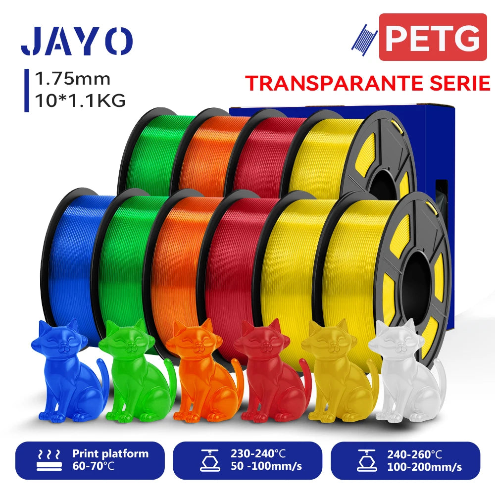 JAYO 3D PETG/PETG Clear 3D Printer Filament 1.75 ±0.02mm 5 /10Rolls High Toughness Neatly Wound Filament Fit Most FDM Printer