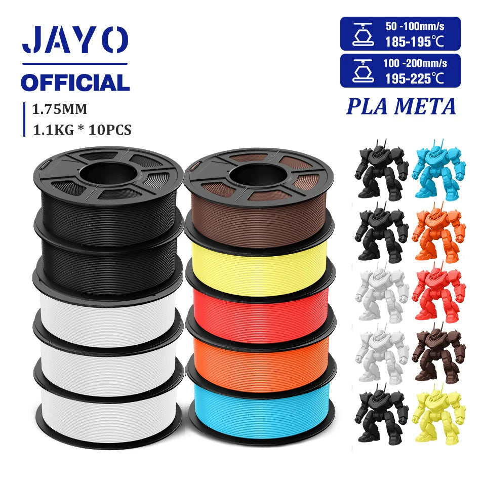 JAYO PLA Meta 3D Printer Filament 1.75mm High Flow PLA 3D Filament 1.1KG*10Rolls Neatly Wound 3D Printing Filament Fit Most FDM