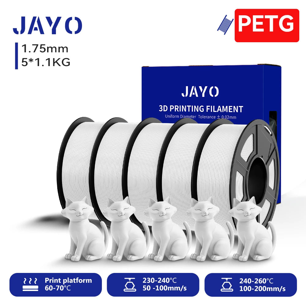 JAYO 3D PETG/PETG Clear 3D Printer Filament 1.75 ±0.02mm 5 /10Rolls High Toughness Neatly Wound Filament Fit Most FDM Printer
