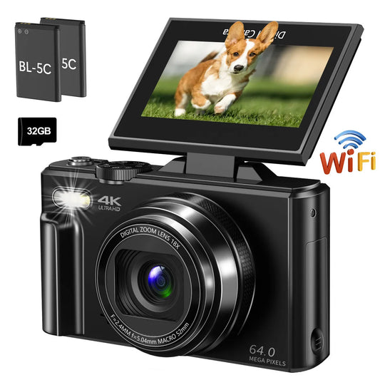 4K compact digital photography camera, 18x digital zoom, vintage vlog video recorder for YouTube, 180° flip screen, WiFi webcam