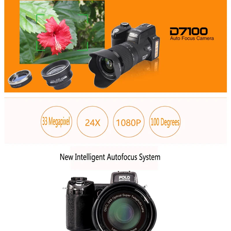 2023 24X Optical Zoom HD Digital Camera POLO D7100 33Million Pixel Auto Focus Professional DSLR Video Camera Three Lens Outdoor