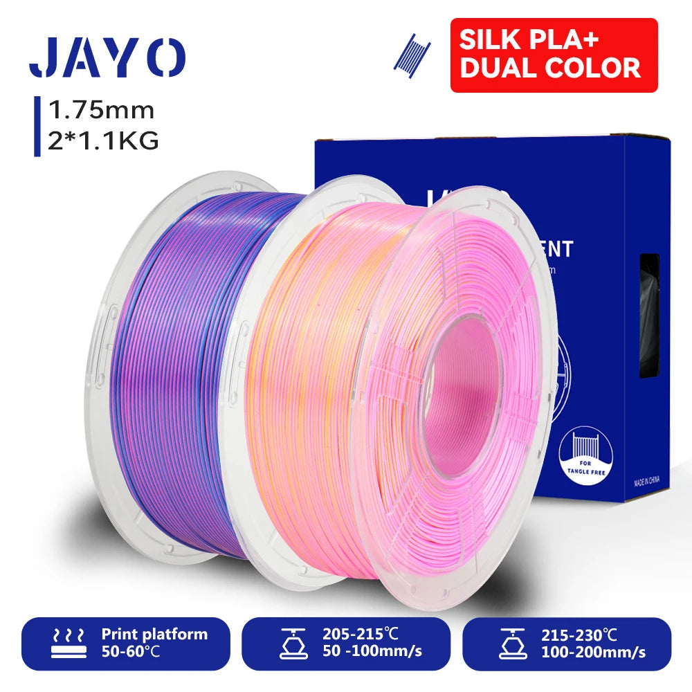 JAYO 3D SILK PLA+ Printer Filament 1.75mm+/-0.02mm  2Rolls SILK 3D Printer Filament Neatly Wound & No bubbles PLA for 3D Printer
