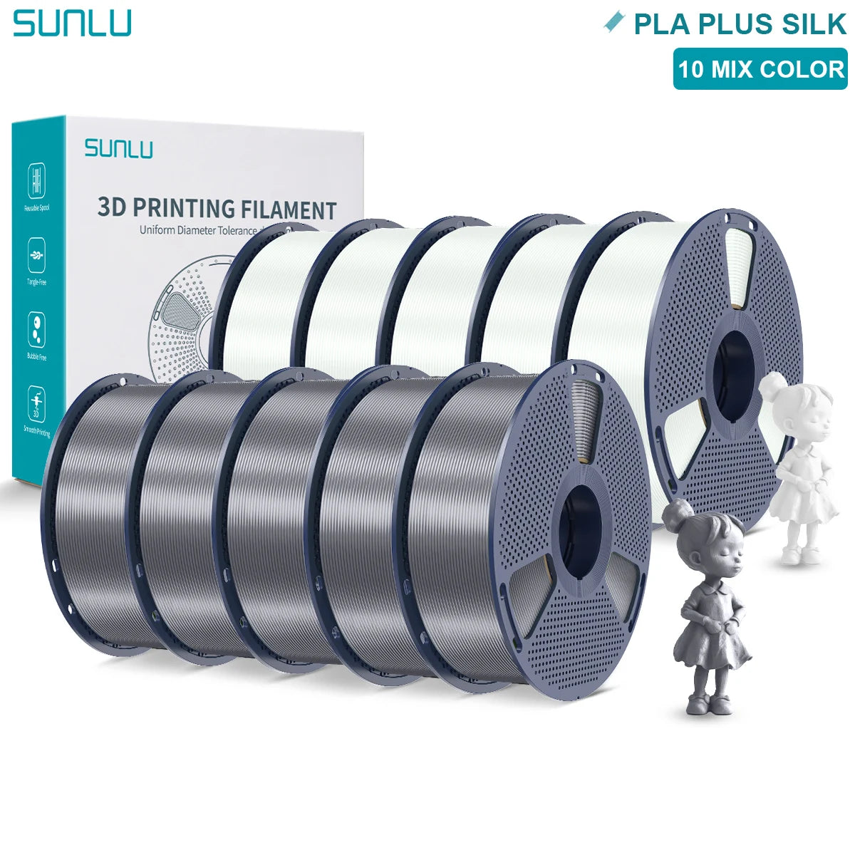 SUNLU Pla Plus Silk 3D Filament 1.75mm Smooth Surface Multicolor PLA+ Shiny Silk Filament for Most FDM 3D Printer 10KG