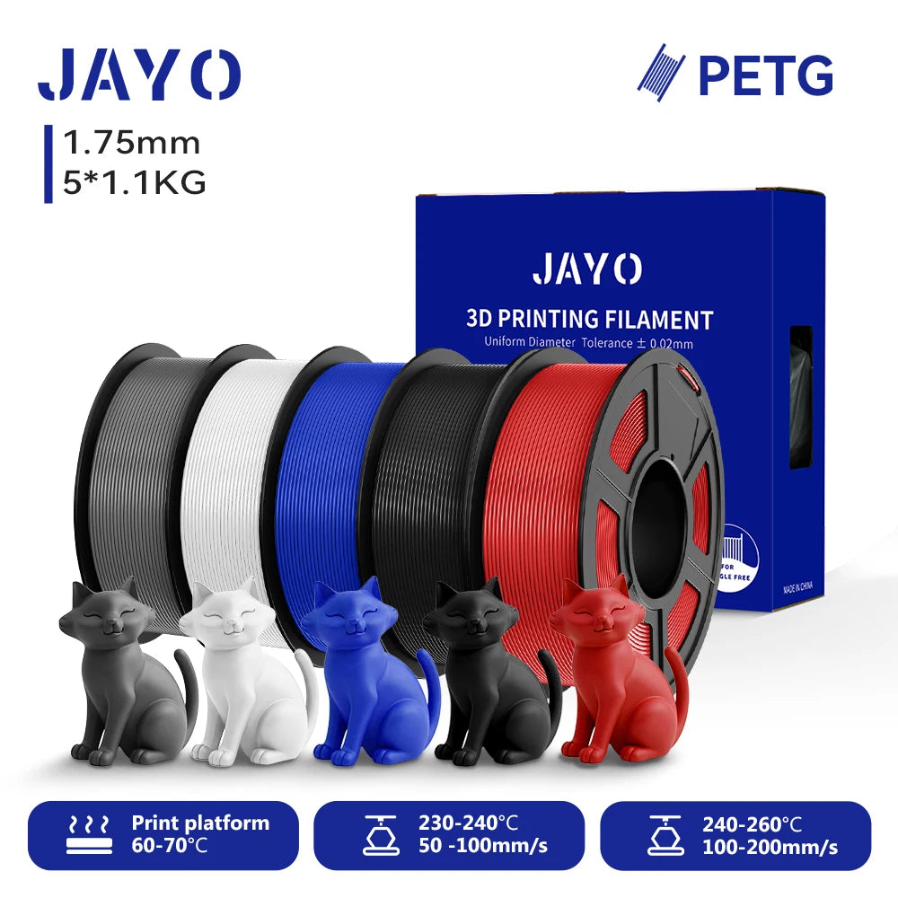 JAYO 3D PETG/PETG Clear 3D Printer Filament 1.75 ±0.02mm 5 /10Rolls High Toughness Neatly Wound Filament Fit Most FDM Printer