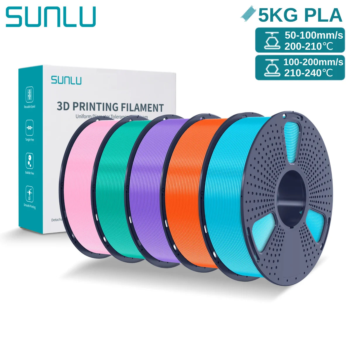 SUNLU 3D PLA Filament 1.75mm 5KG Multicolor Neatly Wound PLA Plastic 3D Filaments with Reusable Spool for Most FDM 3D Printer