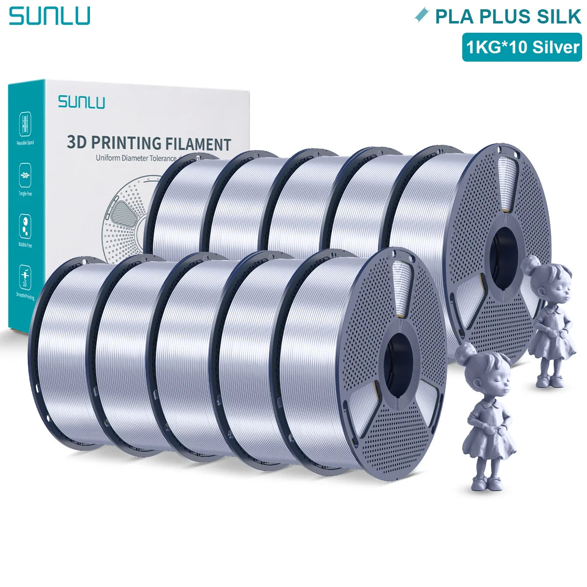 SUNLU Pla Plus Silk 3D Filament 1.75mm Smooth Surface Multicolor PLA+ Shiny Silk Filament for Most FDM 3D Printer 10KG