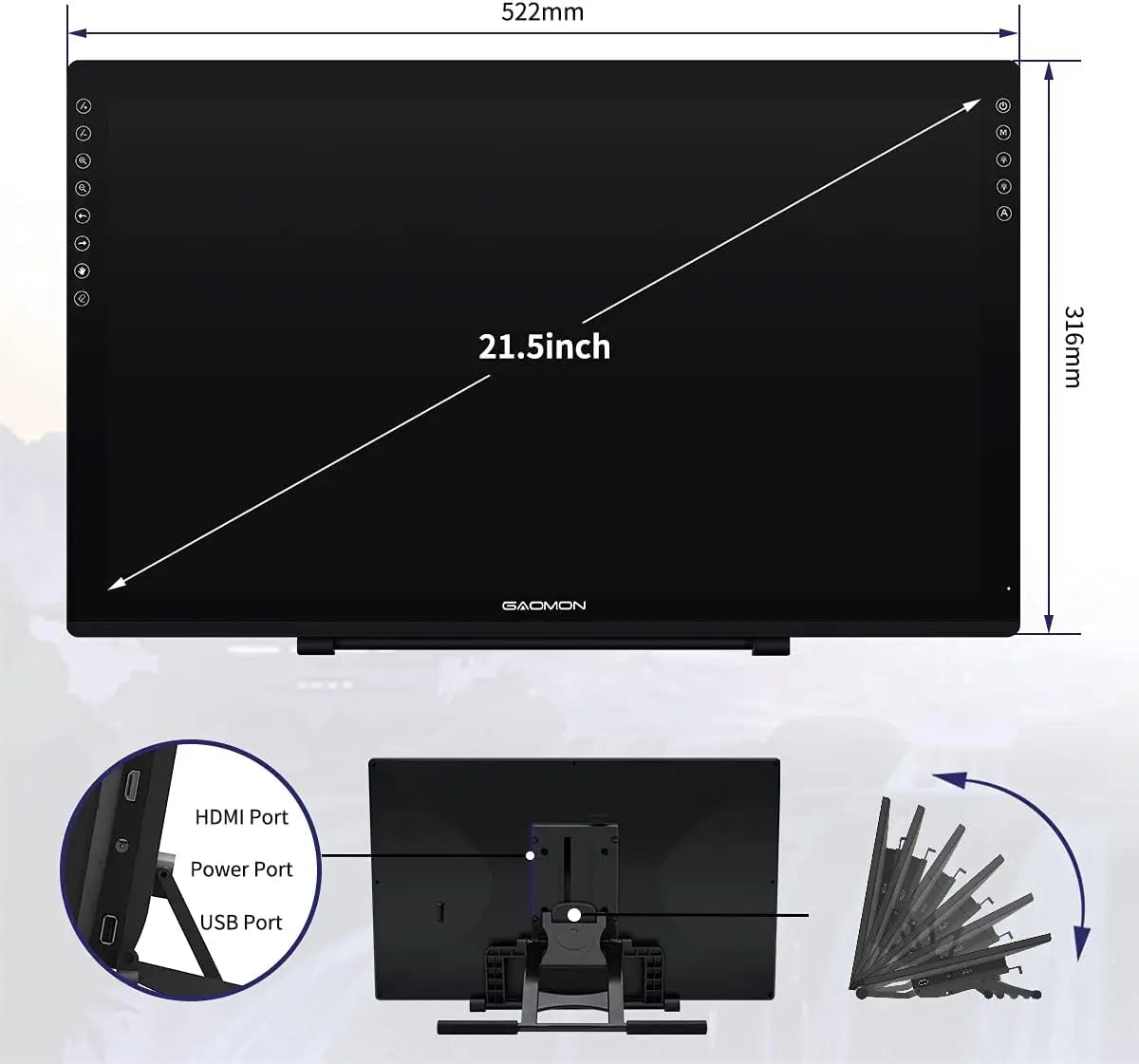 GAOMON PD2200-21.5 Inch Digital Tablet Anti-Glare Full Lamination Screen Display with 8 Touch Keys Support ±60° Tilt Function