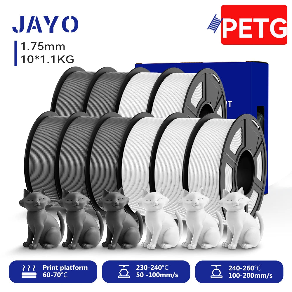 JAYO 3D PETG/PETG Clear 3D Printer Filament 1.75 ±0.02mm 5 /10Rolls High Toughness Neatly Wound Filament Fit Most FDM Printer
