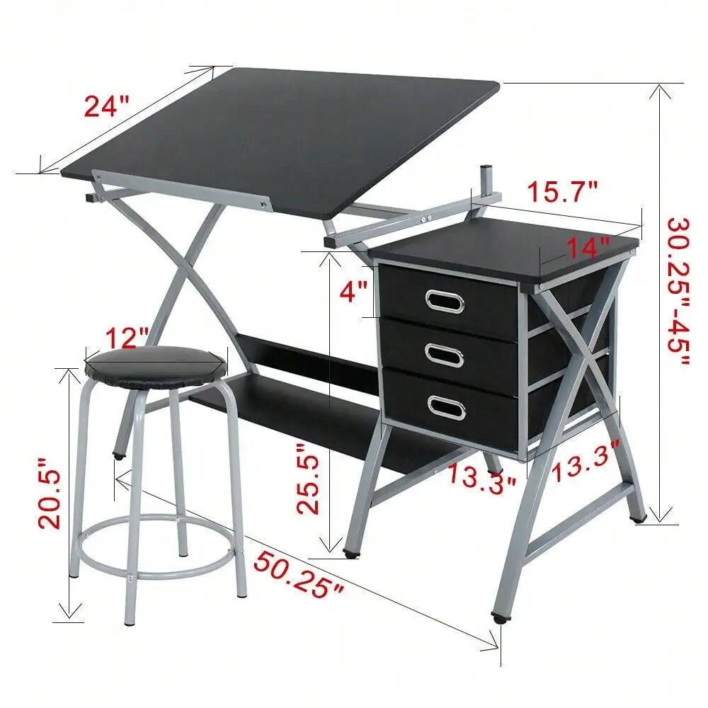 MDF Drafting Table Drawing Desk Art Hobby Folding Adjustable w/ Stool & Drawers