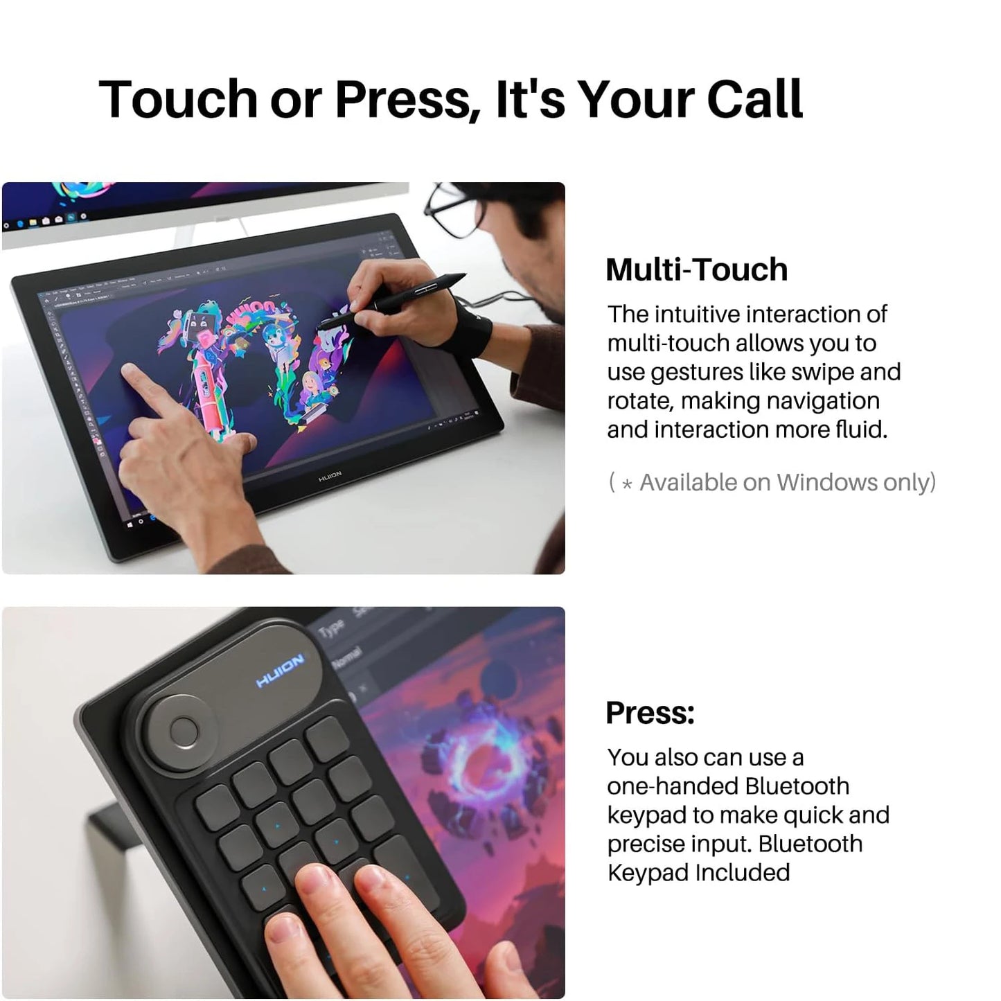 Huion Kamvas Pro 19 4K Graphics Tablets Monitor 18.4" Finger Touchscreen Drawing Display 16K Levels Pressure Pens Mini Keyboard