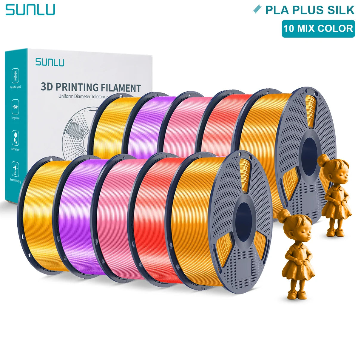 SUNLU Pla Plus Silk 3D Filament 1.75mm Smooth Surface Multicolor PLA+ Shiny Silk Filament for Most FDM 3D Printer 10KG