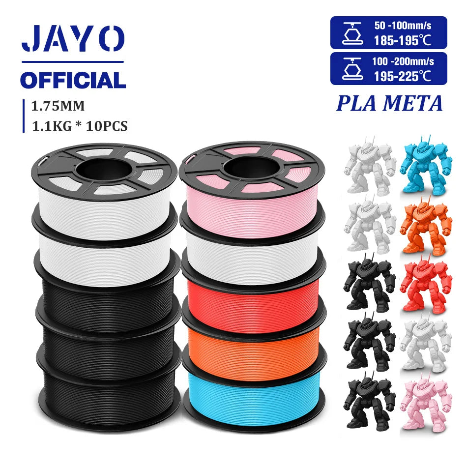 JAYO PLA Meta 3D Printer Filament 1.75mm High Flow PLA 3D Filament 1.1KG*10Rolls Neatly Wound 3D Printing Filament Fit Most FDM