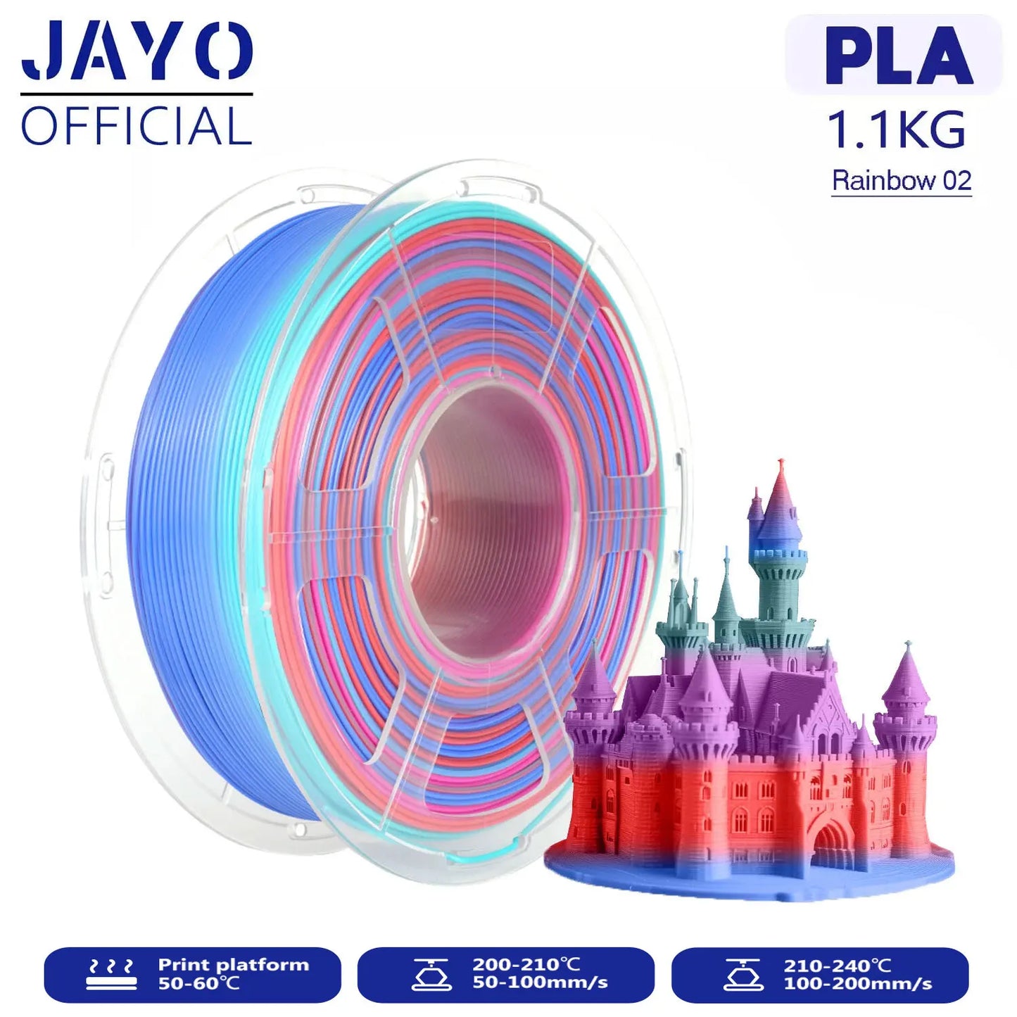 JAYO 3D PLA / Silk PLA Rainbow Printer Filament 1.75mm Transparent Rainbow 3D Filament As Neatly Wound 3D Printing Material