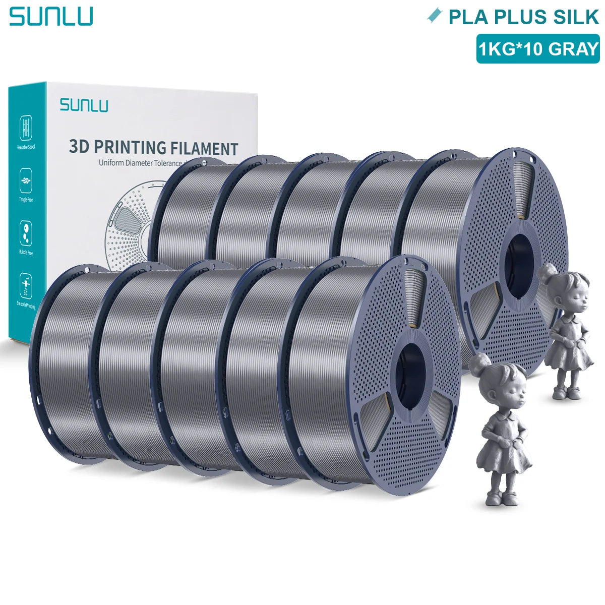 SUNLU Pla Plus Silk 3D Filament 1.75mm Smooth Surface Multicolor PLA+ Shiny Silk Filament for Most FDM 3D Printer 10KG