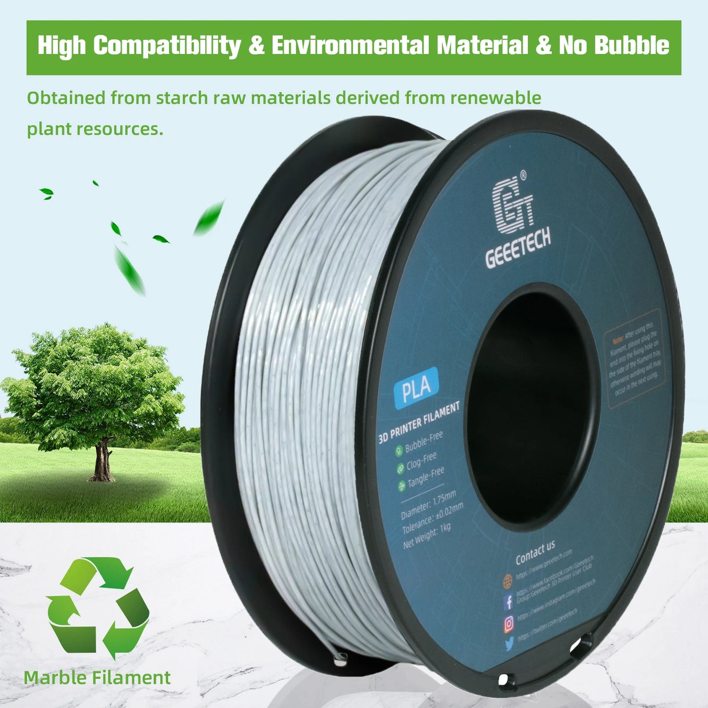 Geeetech Like Marble PLA 3D Printer Filament Plastic 1kg 1.75mm,Tangle-Free, 3d printing wire materialsvacuum packaging