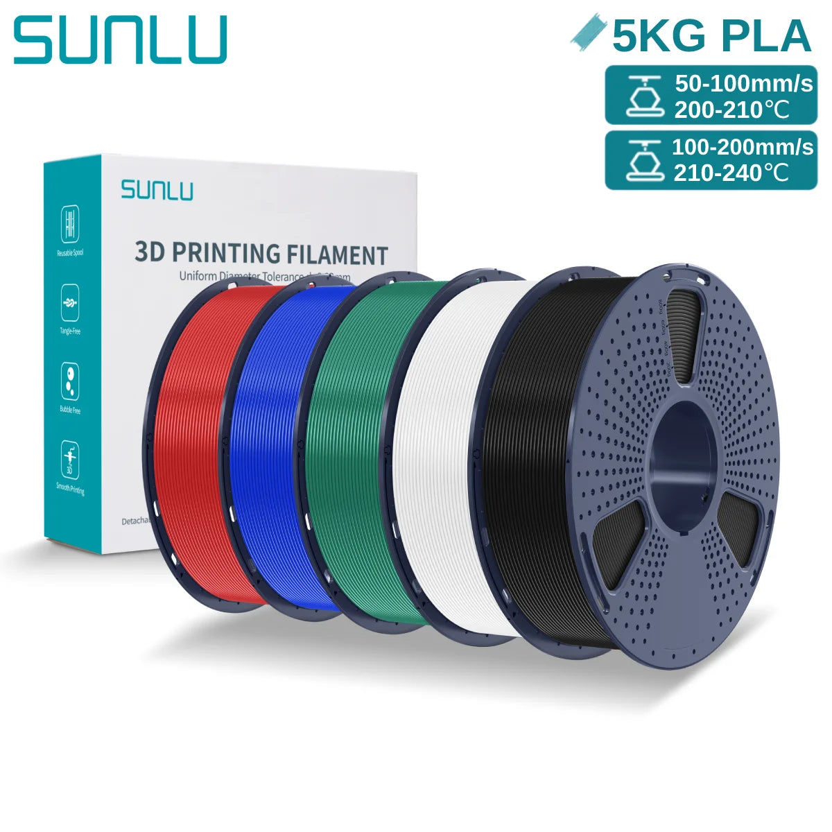 SUNLU 3D PLA Filament 1.75mm 5KG Multicolor Neatly Wound PLA Plastic 3D Filaments with Reusable Spool for Most FDM 3D Printer