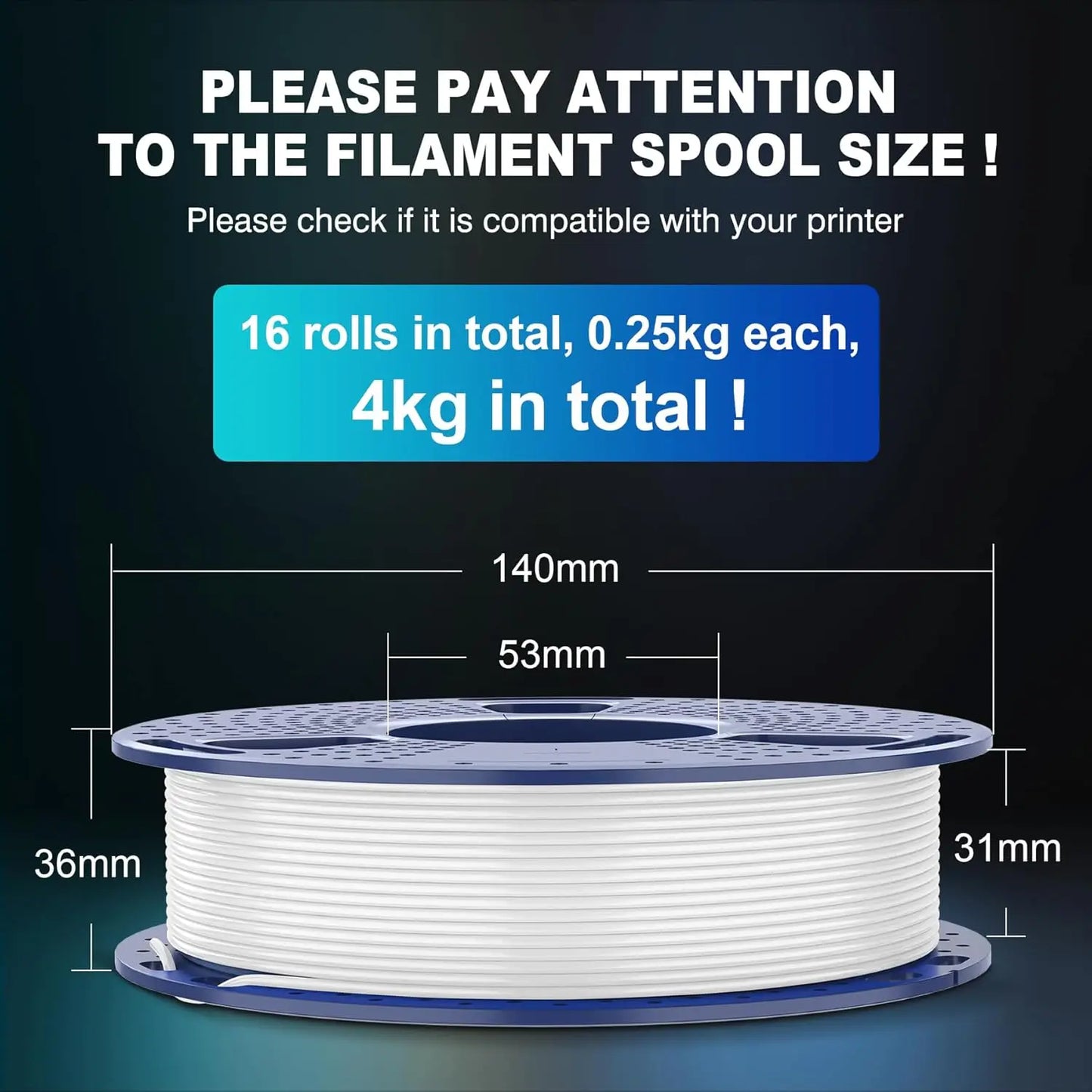 16 Color PLA Filament Bundle, 1.75mm for 3D Printers, Vacuum Packed, 4kg Total with Transparent and Solid Options