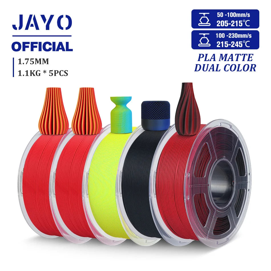 JAYO PLA Matte Dual Color 3D Filament 1.75mm PLA Matte 3D Printer Filament 5Rolls/Set PLA Filament Smooth Matte Finish